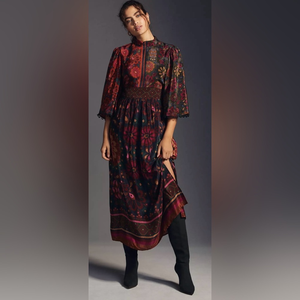 NWT STUNNING Farm Rio x Anthropologie Dress side zipper pockets crochet trim - Picture 3 of 16